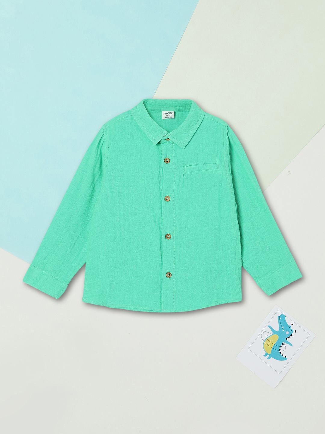 

max Boys Spread Collar Solid Cotton Casual Shirt, Green