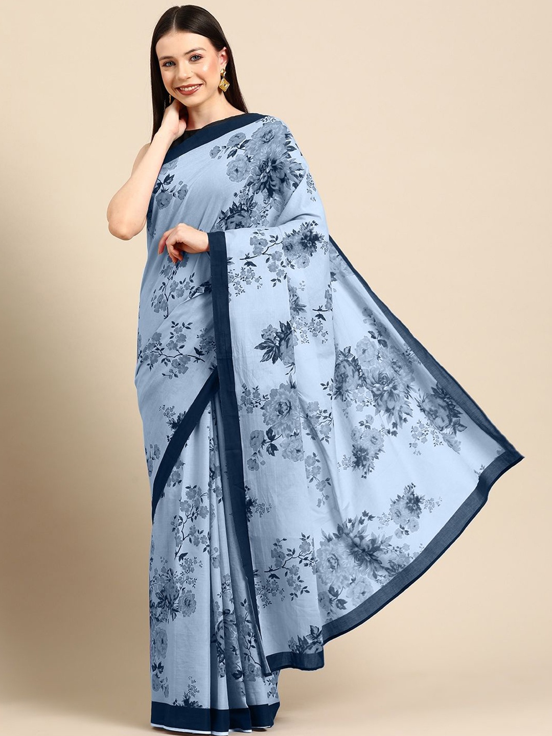 

BUTA BUTI Floral Pure Cotton Saree, Blue