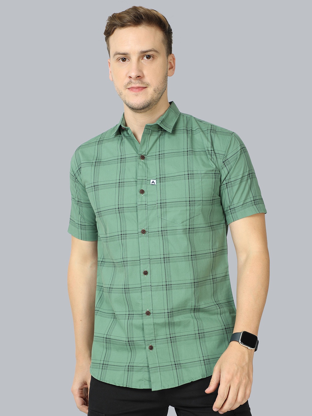 

AIDAN PAUL Men Comfort Spread Collar Gingham Checked Cotton Casual Shirt, Green