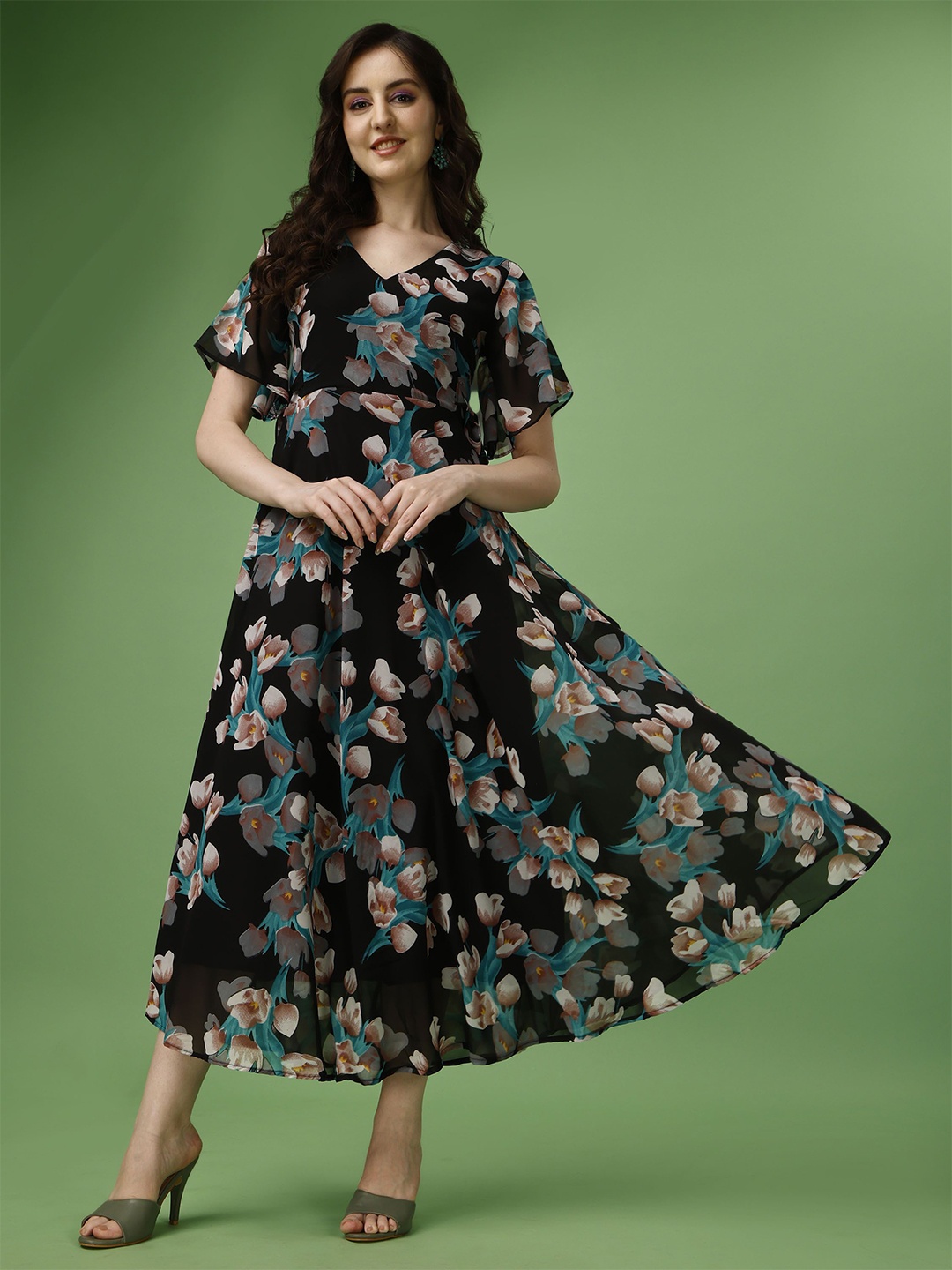 

Fashion2wear Floral Print Georgette Fit & Flare Maxi Dress, Black