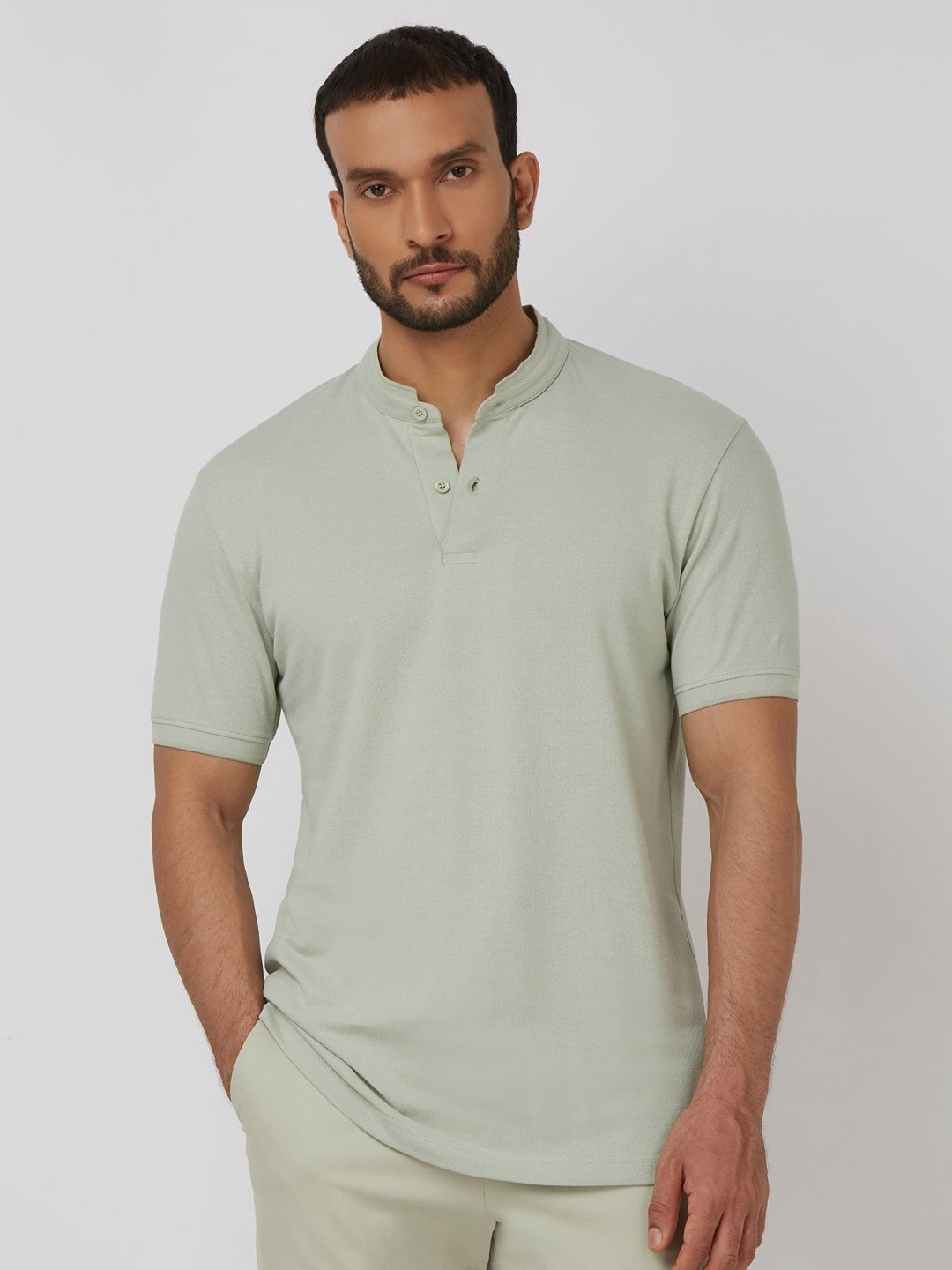 

Mufti Men Solid Henley Neck Cotton Slim Fit T-shirt, Green