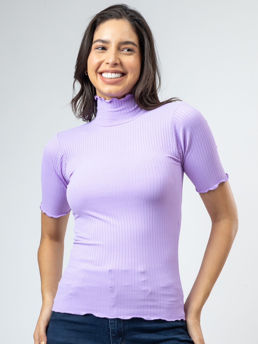 

Redamancii Women Solid High Neck Polycotton Top, Lavender