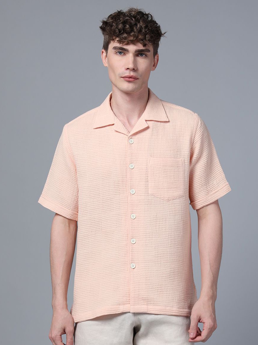 

DON VINO Men Comfort Cuban Collar Textured Cotton Slim Fit Casual Shirt, Beige