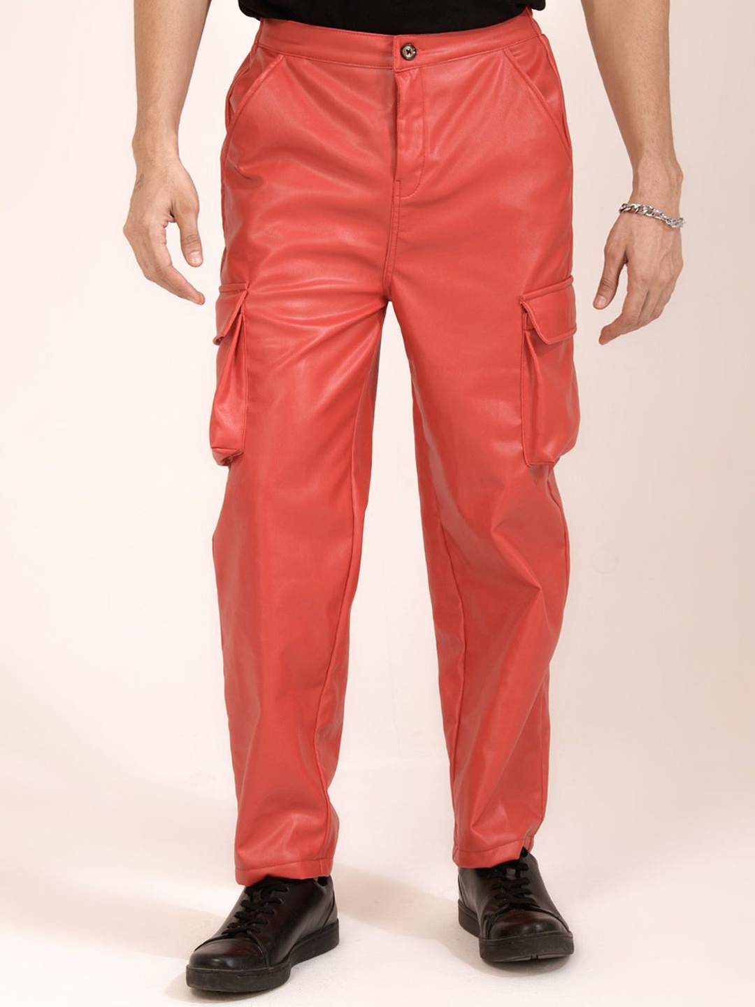

BAESD Men Solid Smart Cargos Trousers, Red