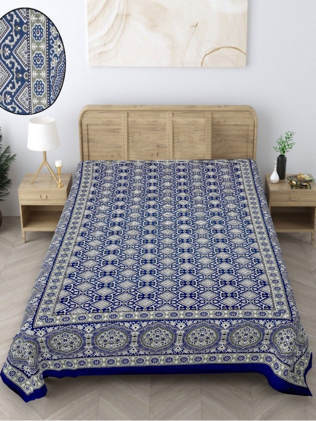 

INDHOME LIFE Blue & Green Ethnic Motifs Printed 210 TC Pure Cotton Single Bedsheet Set