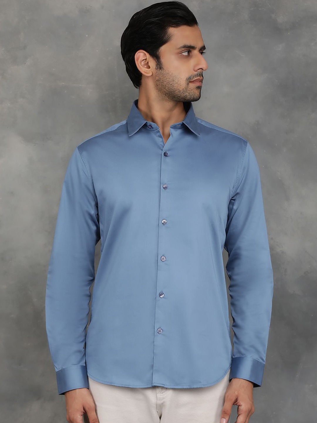 

Greenfibre Men Spread Collar Solid Cotton Slim Fit Casual Shirt, Blue