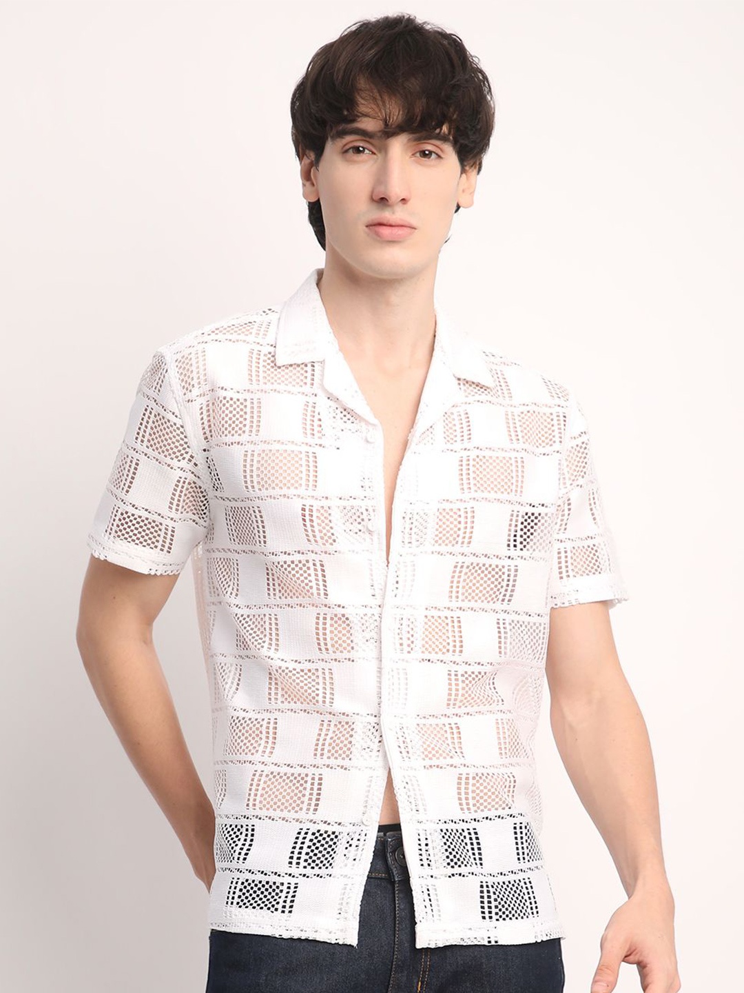 

Voroxy Men Comfort Cuban Collar Textured Polycotton Relaxed Fit Casual Shirt, White