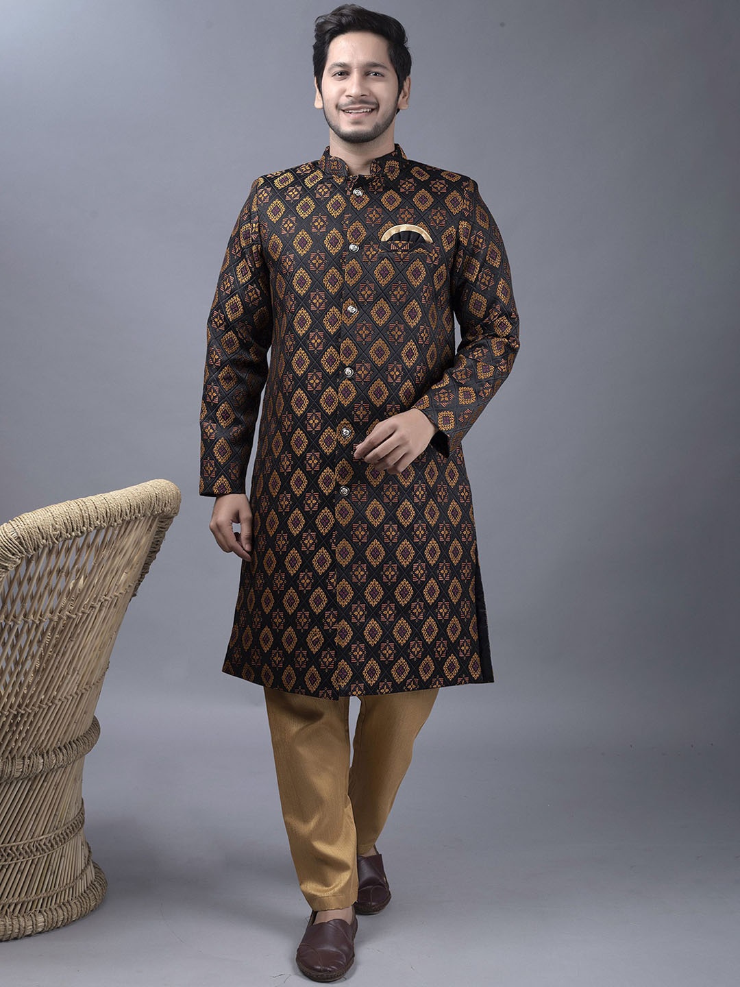

Xepon Ethnic Motifs Woven Design Mandarin Collar Straight Kurta with Pyjama, Black