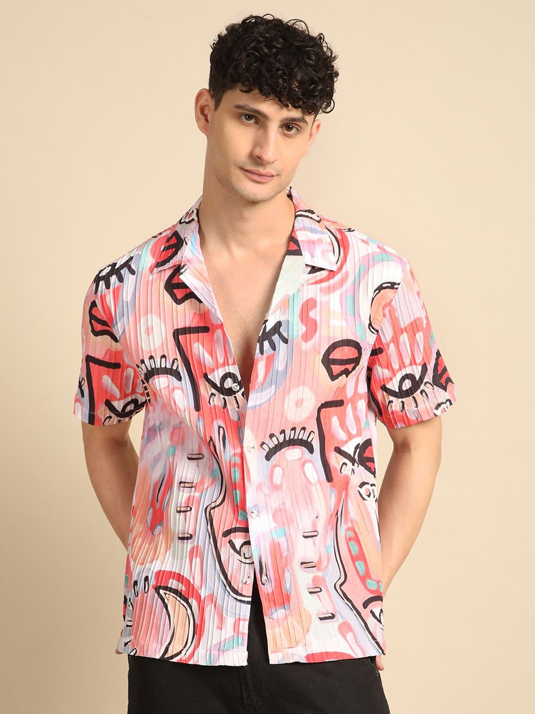 

Voroxy Men Relaxed Cuban Collar Graphic Self Design Polycotton Casual Shirt, Pink