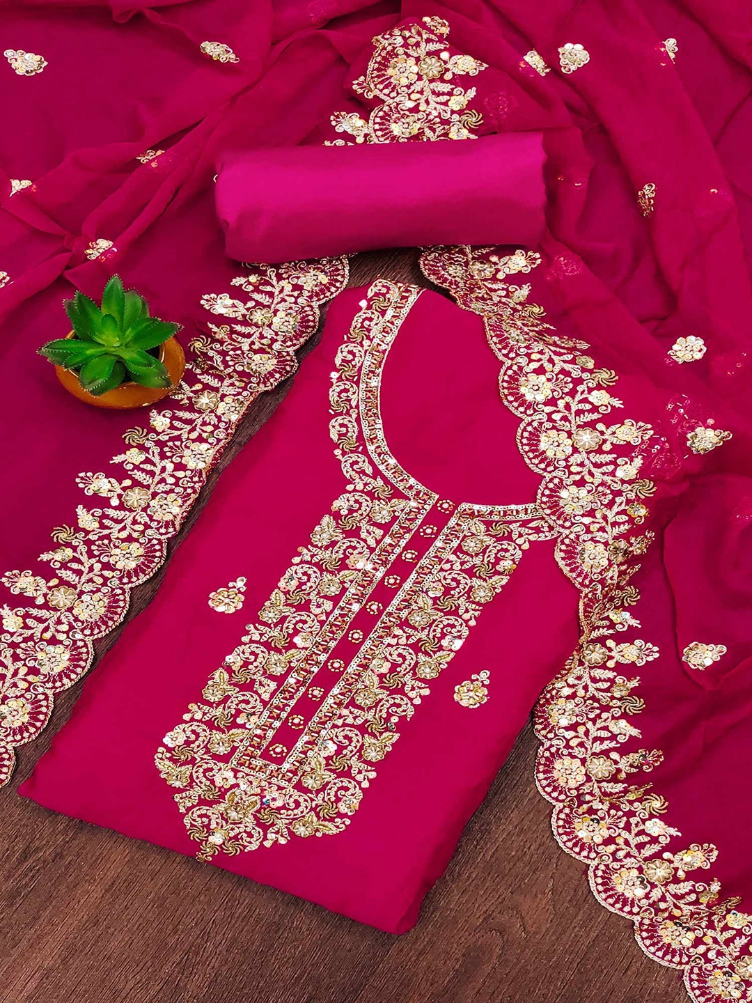 

Peachmode Embroidered Organza Unstitched Dress Material, Pink