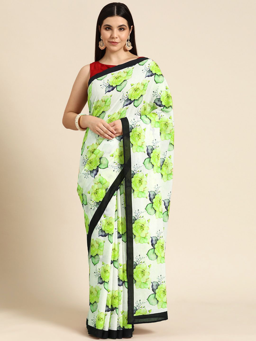 

BUTA BUTI Floral Pure Cotton Saree, Lime green