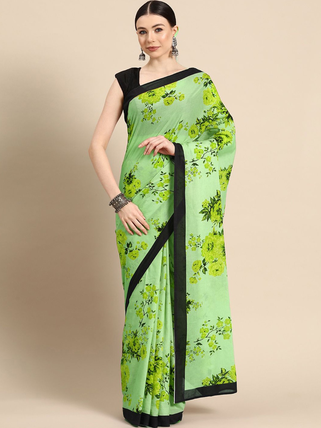 

BUTA BUTI Floral Printed Pure Cotton Saree, Lime green