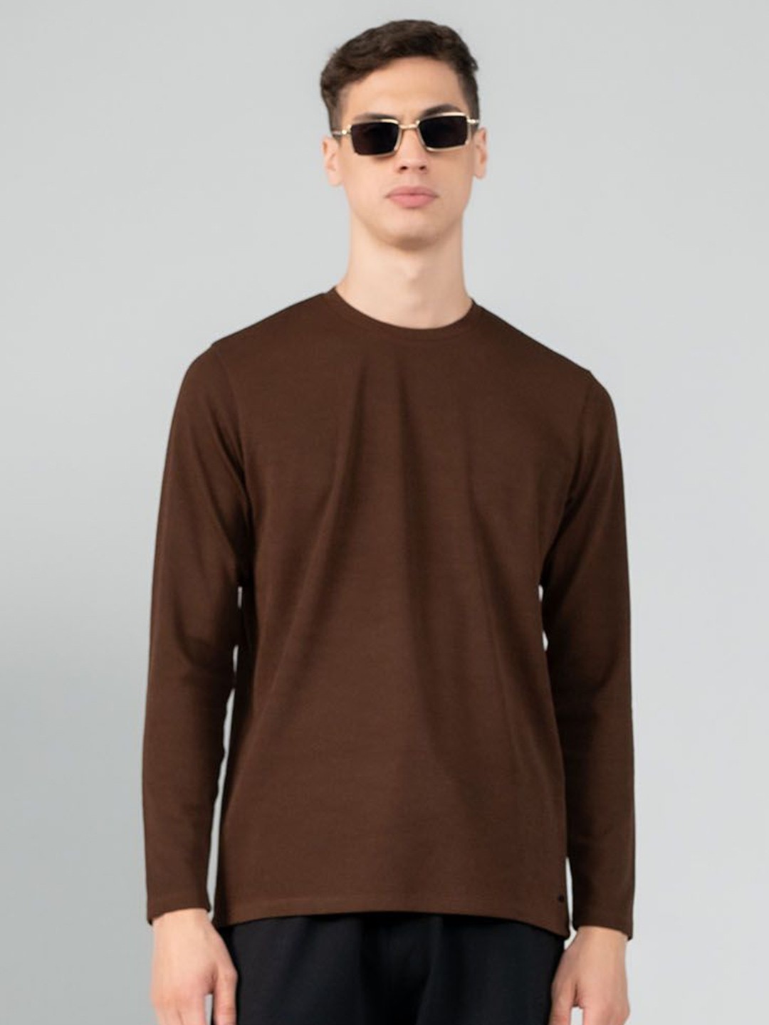 

EDRIO Men Solid Round Neck Cotton Slim Fit T-shirt, Brown
