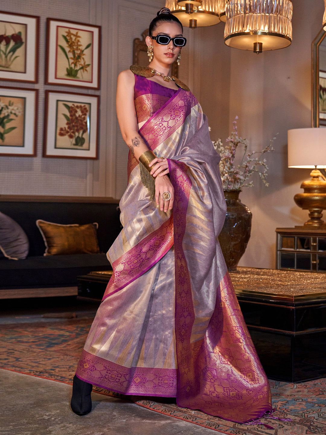 

Mitera Ethnic Motifs Zari Banarasi Saree, Lavender