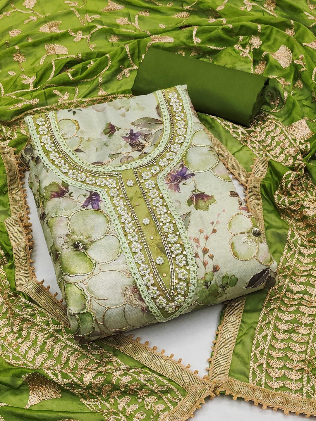 

KIMISHA Floral Embroidered Beads and Stones Organza Unstitched Dress Material, Green