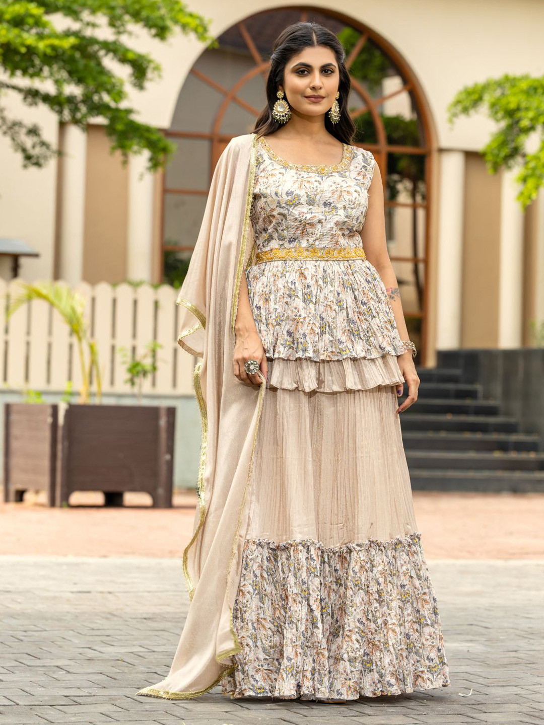 

LUGAI Embroidered Beads and Stones Ready to Wear Lehenga & Blouse With Dupatta, Cream