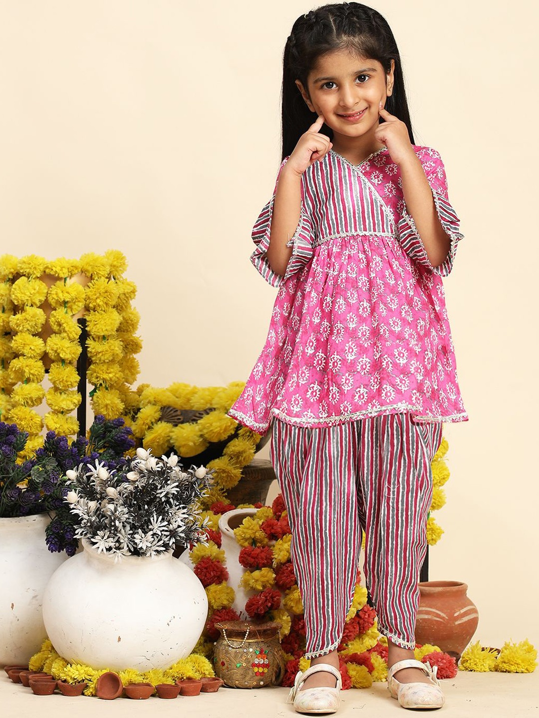 

Cutiekins Girls Floral Printed Gotta Patti Angrakha A-Line Kurta With Dhoti Pants, Pink