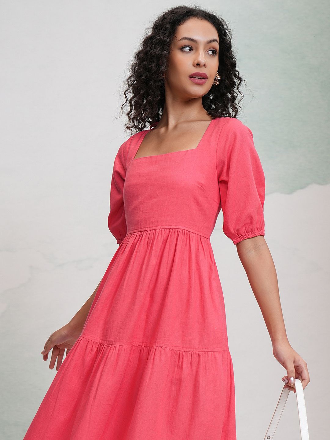 

Tokyo Talkies Women Solid Puff Sleeve Fit & Flare Midi Dress, Pink