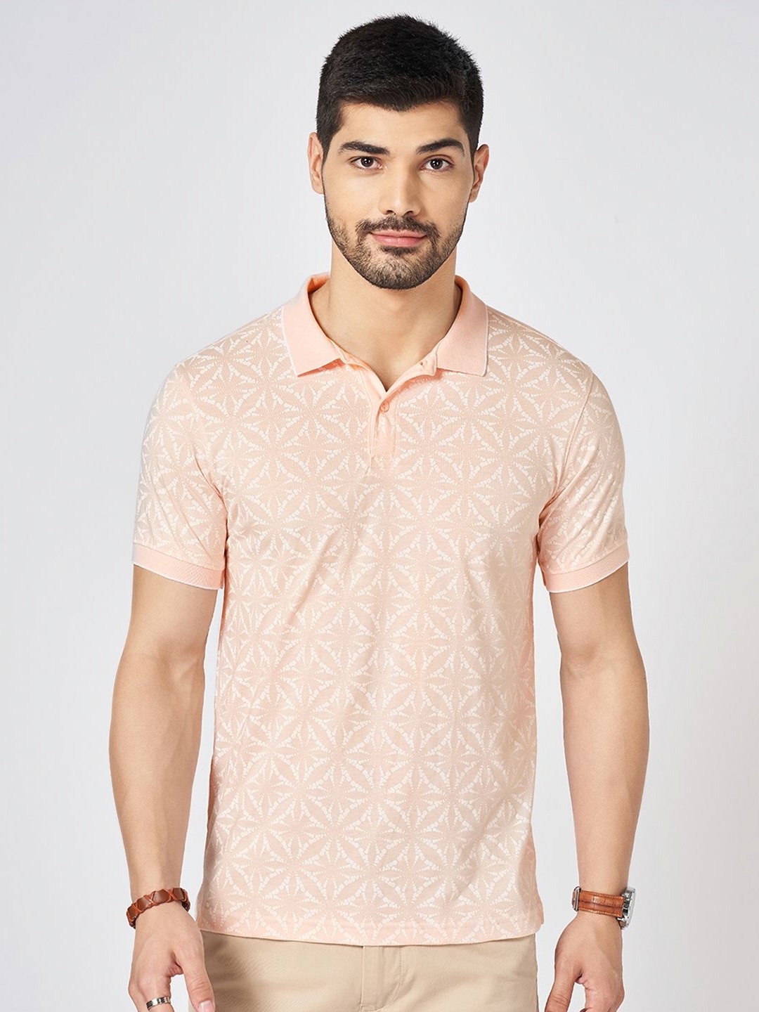 

BYFORD by Pantaloons Men Geometric Printed Polo Collar Cotton Slim Fit T-shirt, Pink