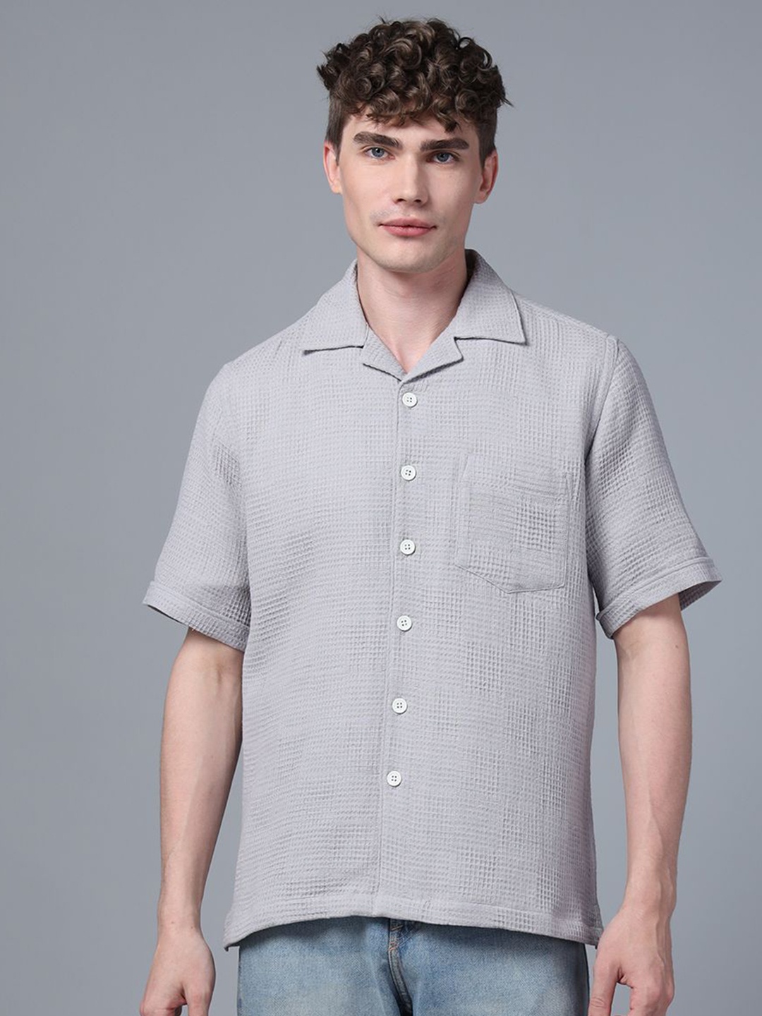 

DON VINO Men Comfort Cuban Collar Textured Cotton Slim Fit Casual Shirt, Grey
