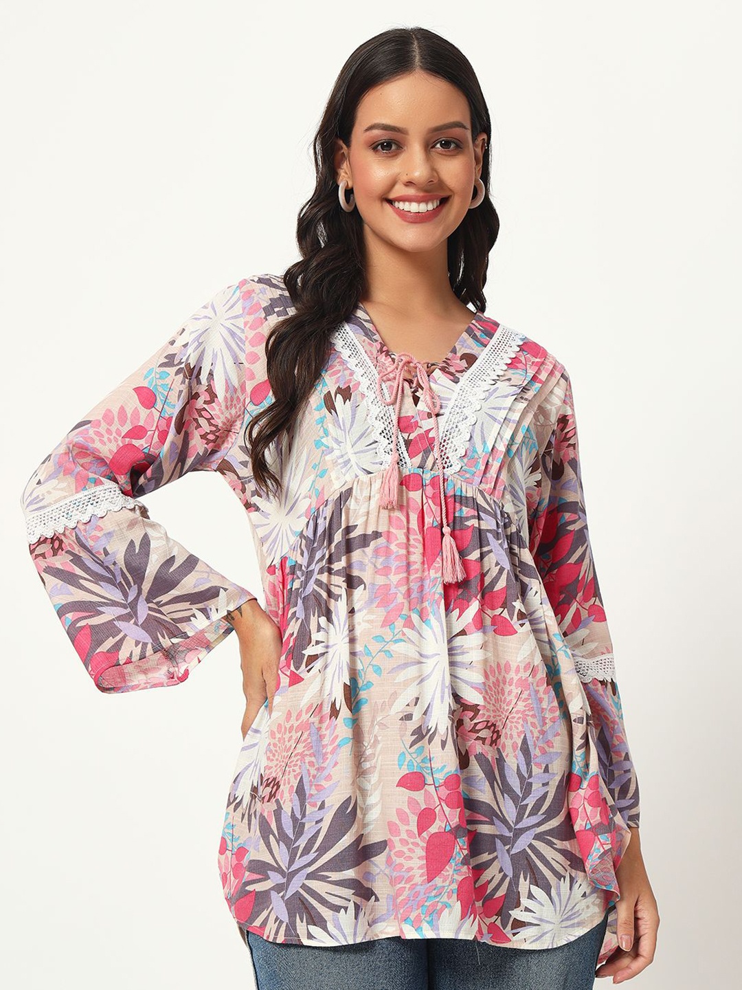 

VELDRESS Women Floral Printed V-Neck Top, Pink
