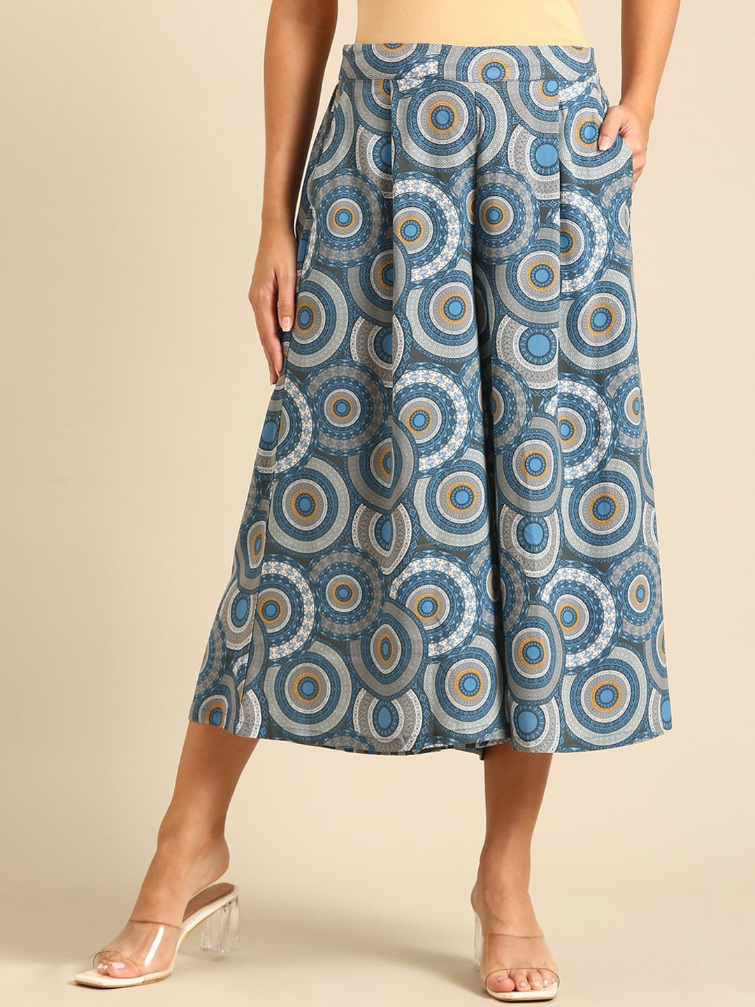 

De Moza Women Ethnic Motifs Printed Culottes Trousers, Blue