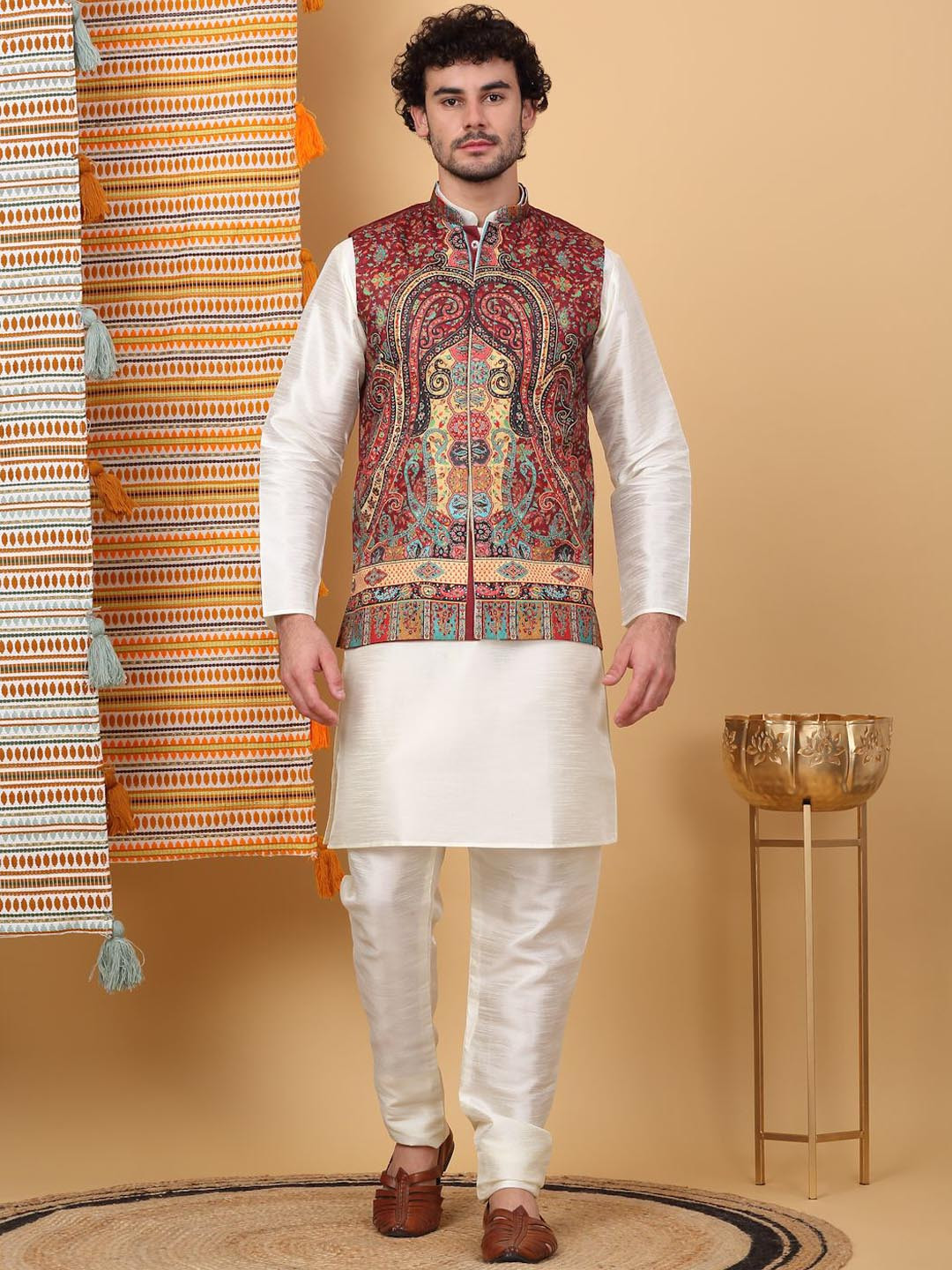 

KRAFT INDIA LUXE Mandarin Collar Straight Kurta with Churidar & Printed Nehru Jacket, Cream