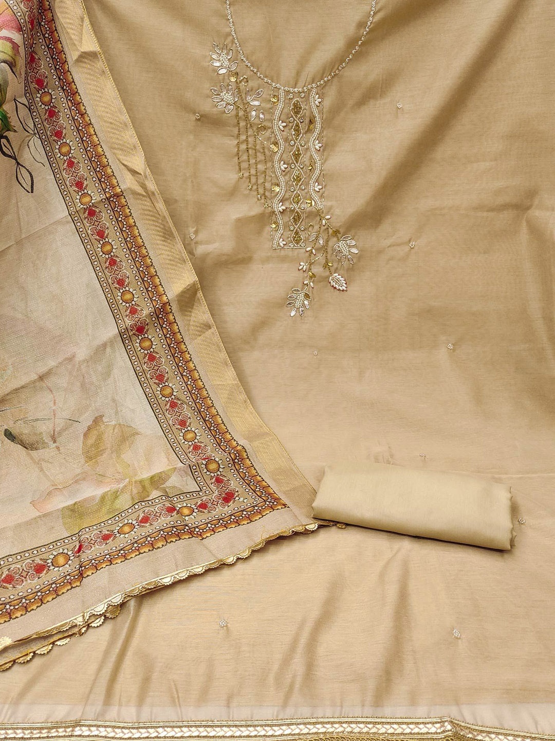 

Peachmode Embroidered Beads & Stones Unstitched Dress Material, Beige