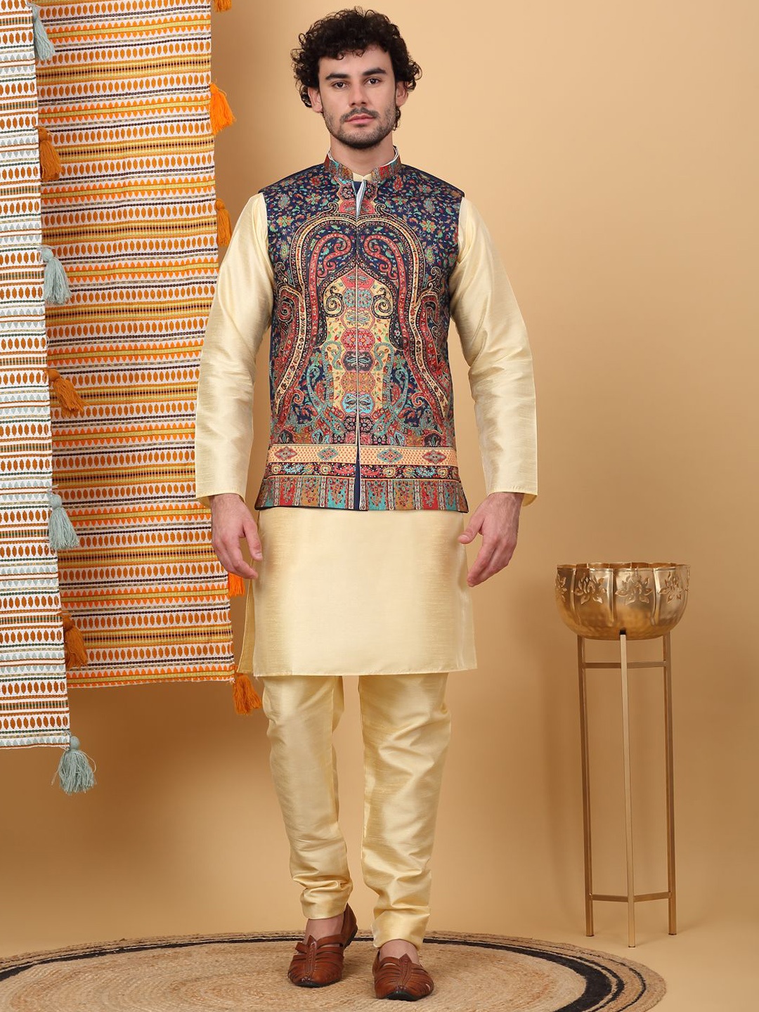 

KRAFT INDIA LUXE Mandarin Collar Straight Kurta with Churidar & Printed Nehru Jacket, Beige