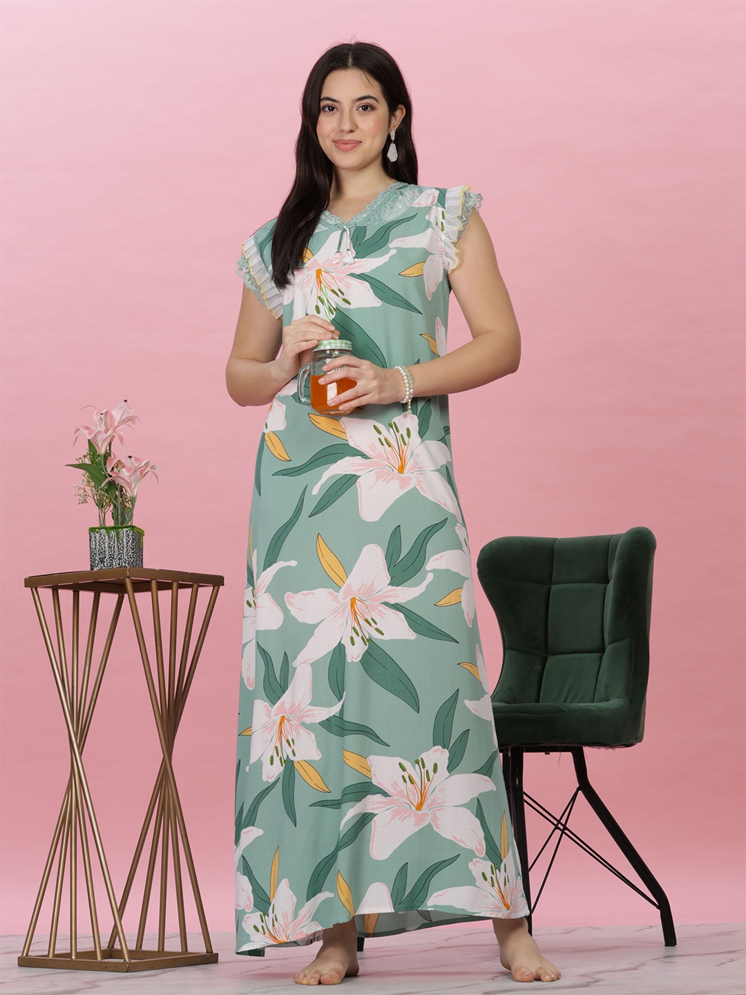 

9shines Label Women Floral Printed Everyday Nightdress, Green