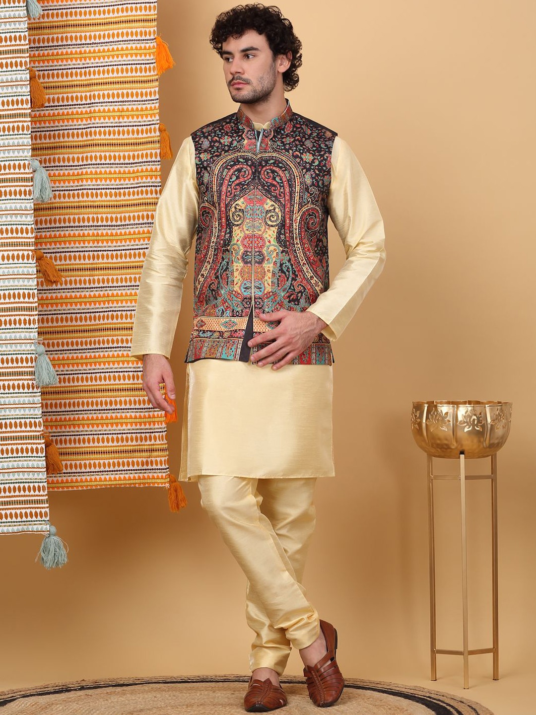 

KRAFT INDIA LUXE Mandarin Collar Straight Kurta with Churidar & Printed Nehru Jacket, Beige