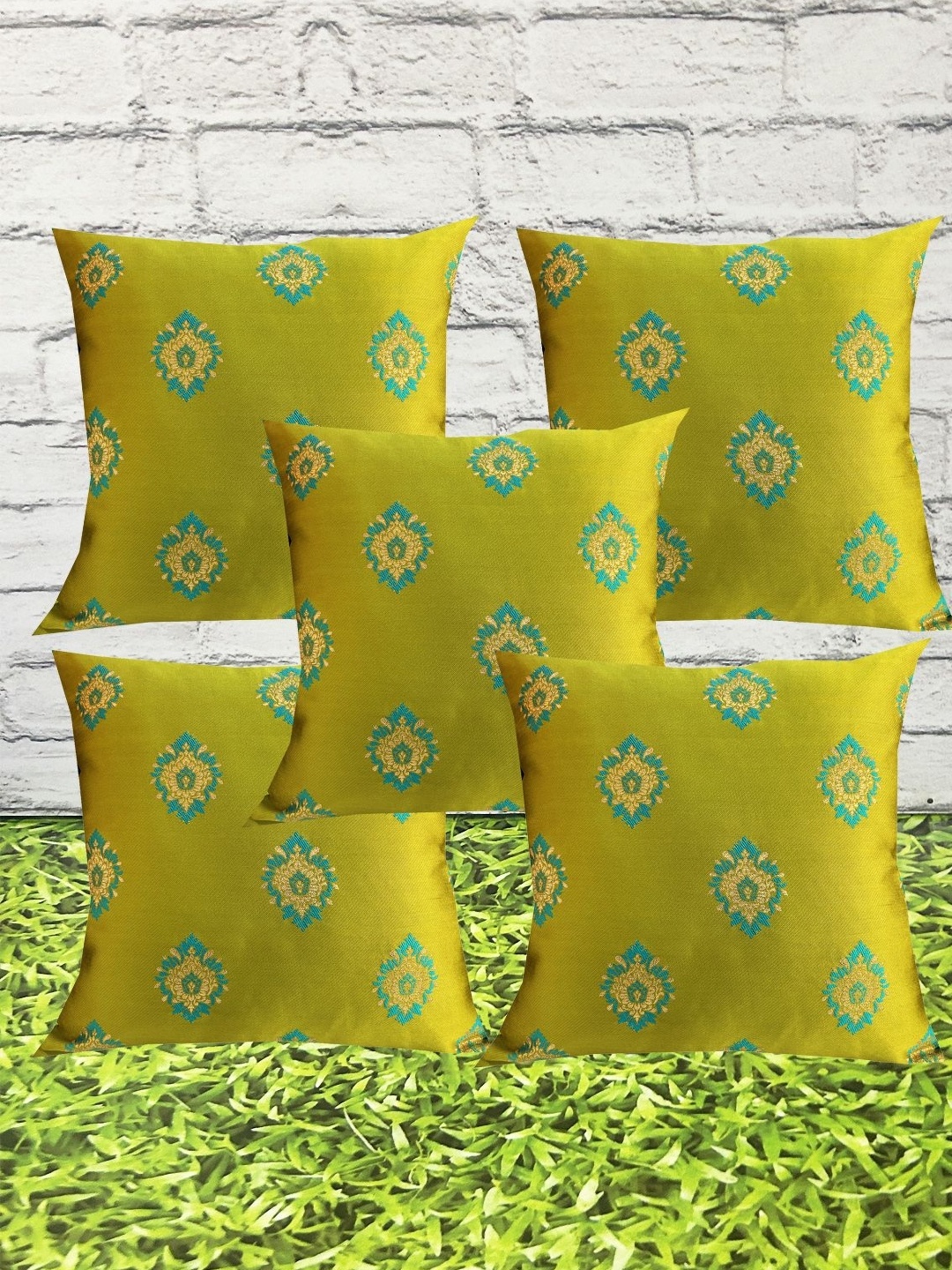 

Pink Parrot Green & Gold-Toned Set of 5 Ethnic Motifs Square Cushion Covers