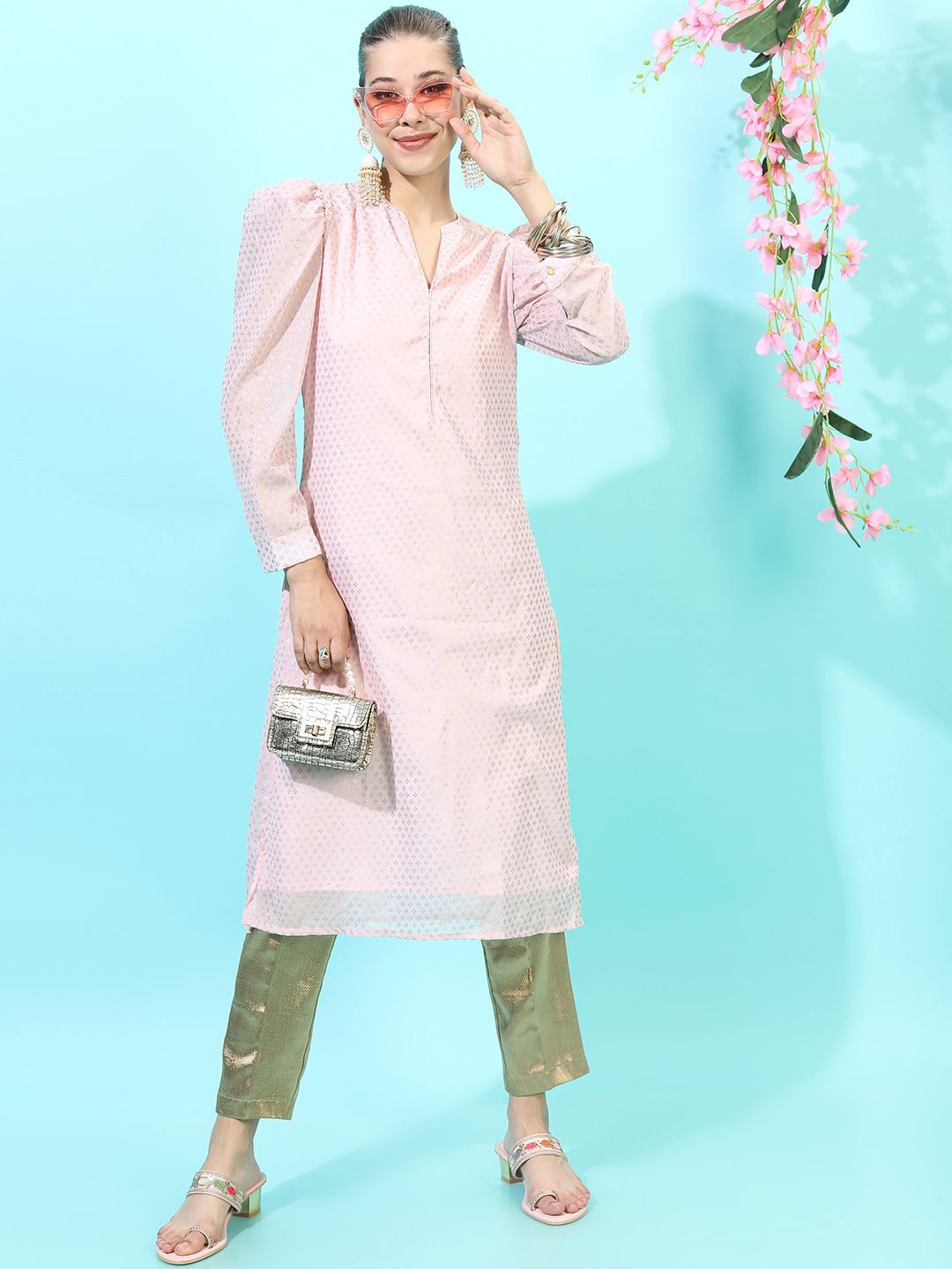 

Vishudh Pink Floral Woven Design Mandarin Collar Puff Sleeves Straight Kurta