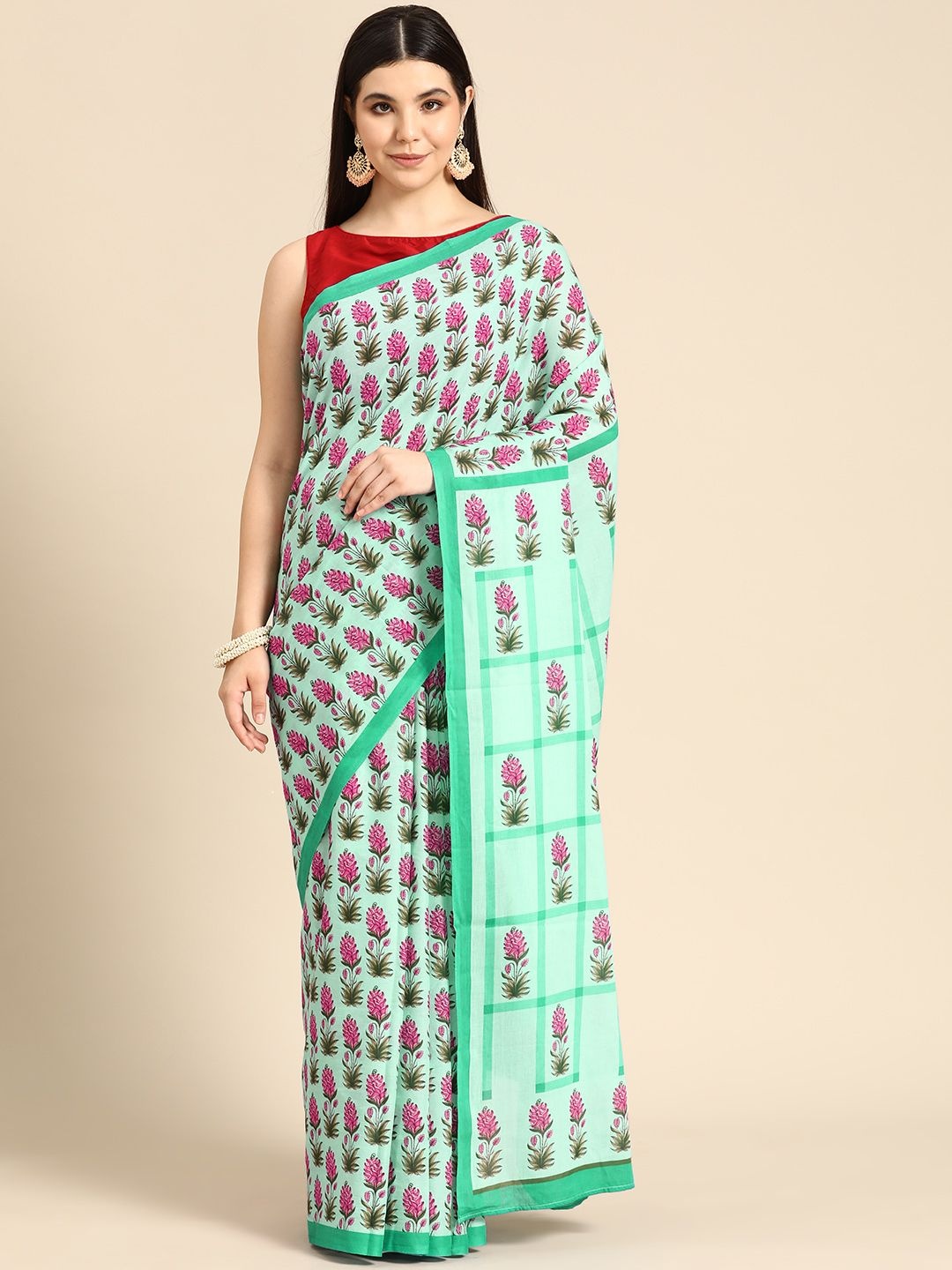 

BUTA BUTI Ethnic Motifs Printed Pure Cotton Saree, Sea green