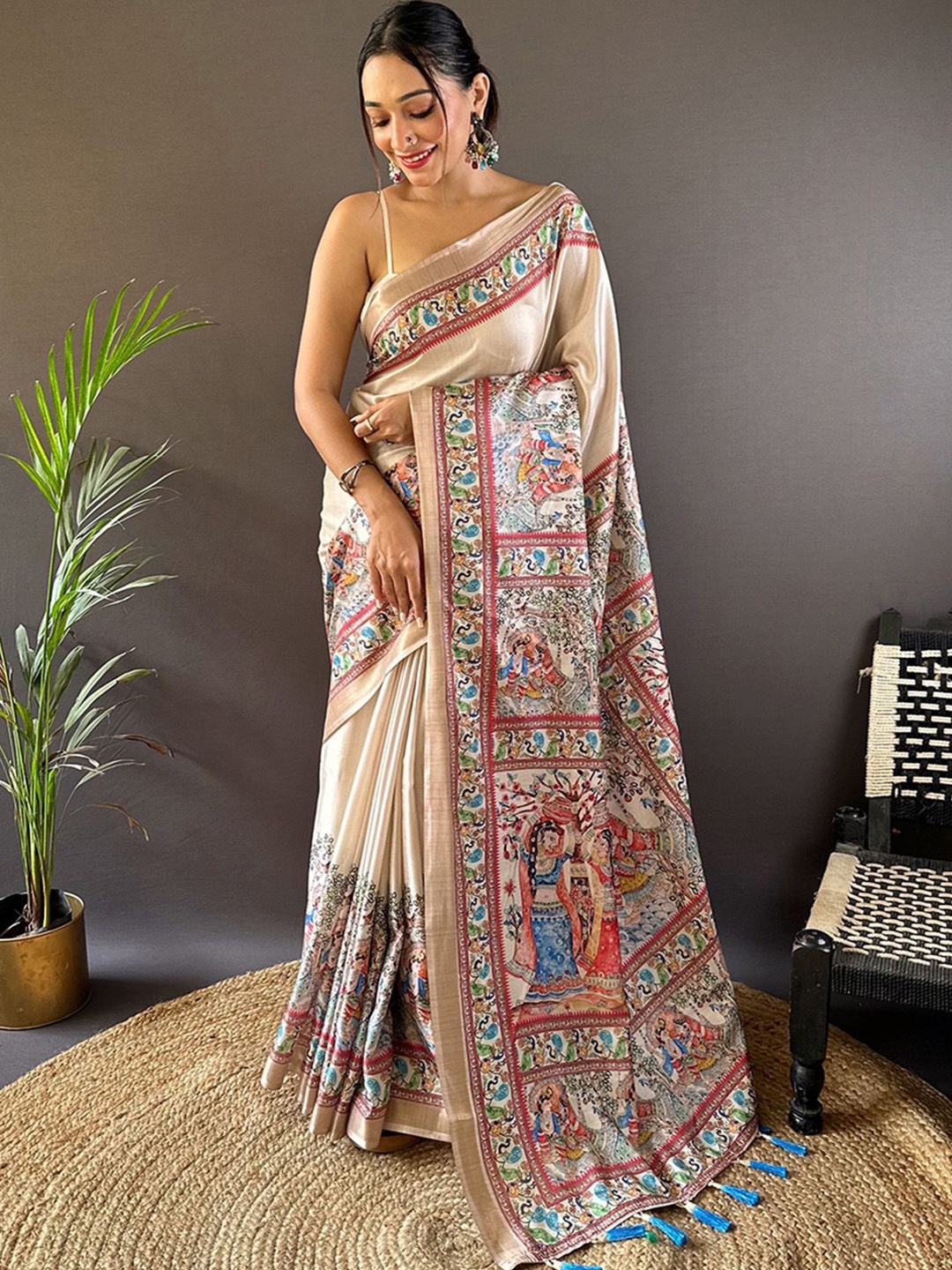 

Ishin Kalamkari Zari Tussar Traditional Saree, Cream