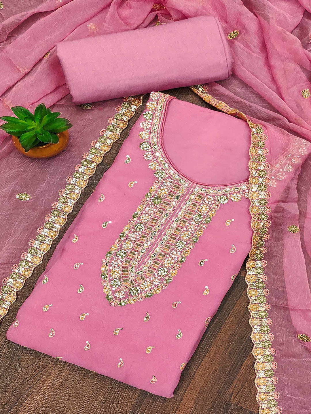 

Peachmode Embroidered Thread Work Organza Unstitched Dress Material, Pink