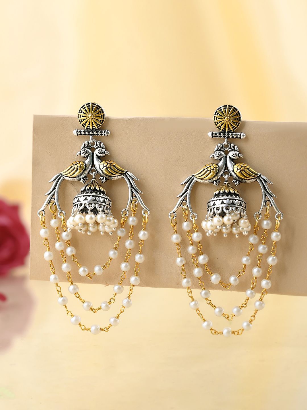 

Voylla Silver-Plated Beaded Dome Shaped Qasbah Mayura Oxidised Two Tone Jhumkas