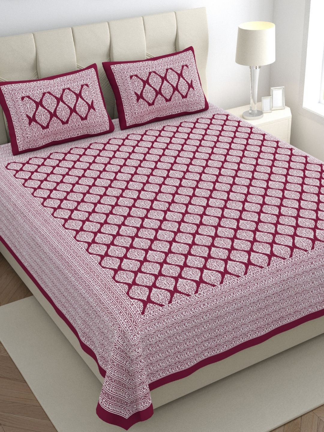

The Craft Monk Maroon & White Ethnic 300TC Pure Cotton King Bedsheet & 2 Pillow Covers