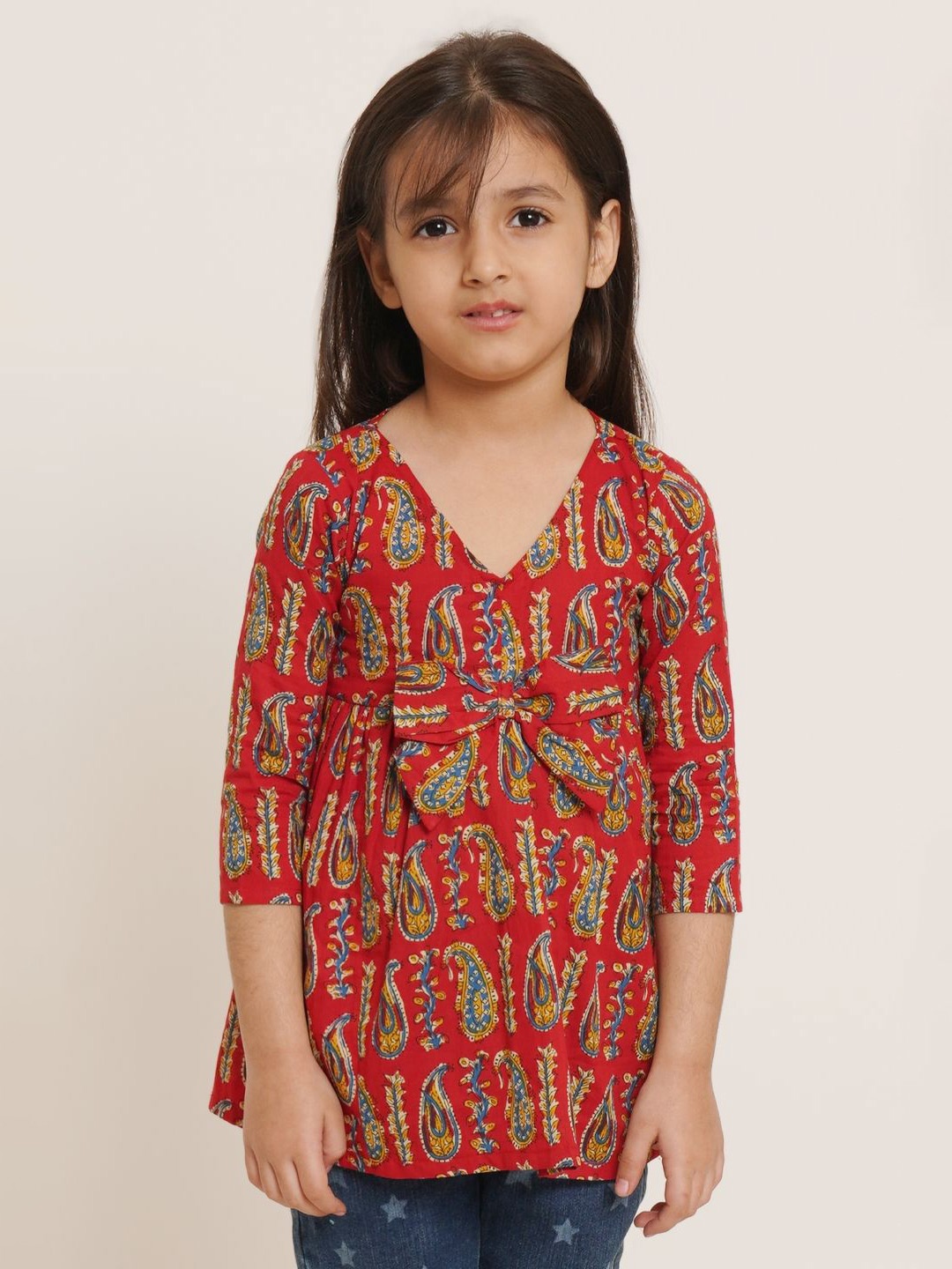 

COTLAND FASHION Girls Ethnic Motifs Printed V-Neck Cotton Top, Red