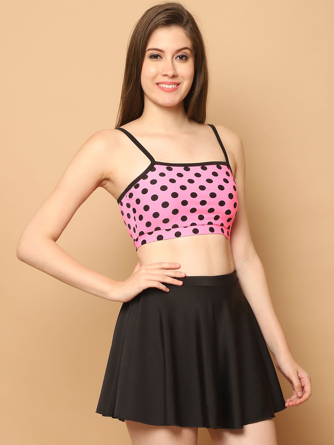 

CUKOO Women Shoulder Straps Printed Bra & Skirt Swim Set, Pink