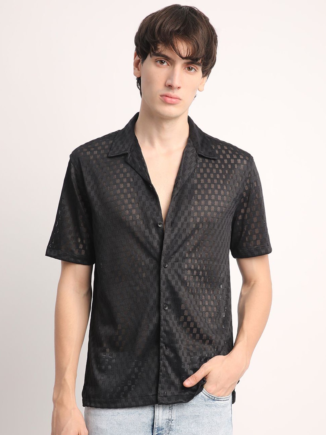 

Voroxy Men Relaxed Textured Wrinkle Free Casual Shirt, Black
