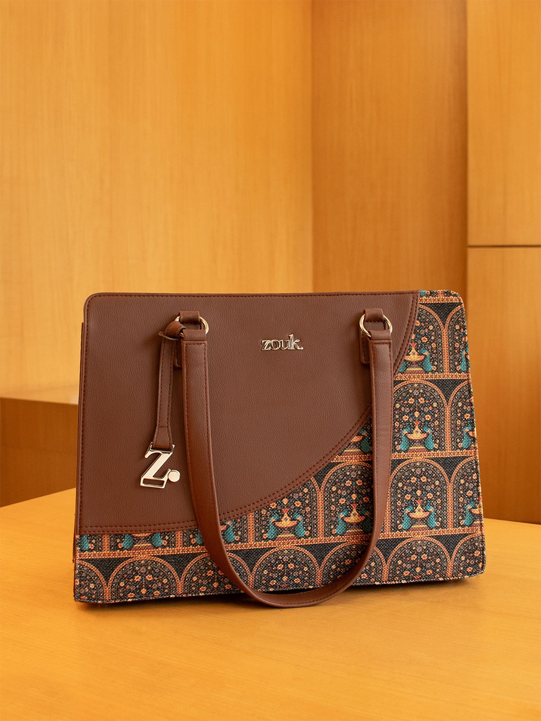 

ZOUK Women Ethnic Motifs Printed Structured Tote Bag, Brown
