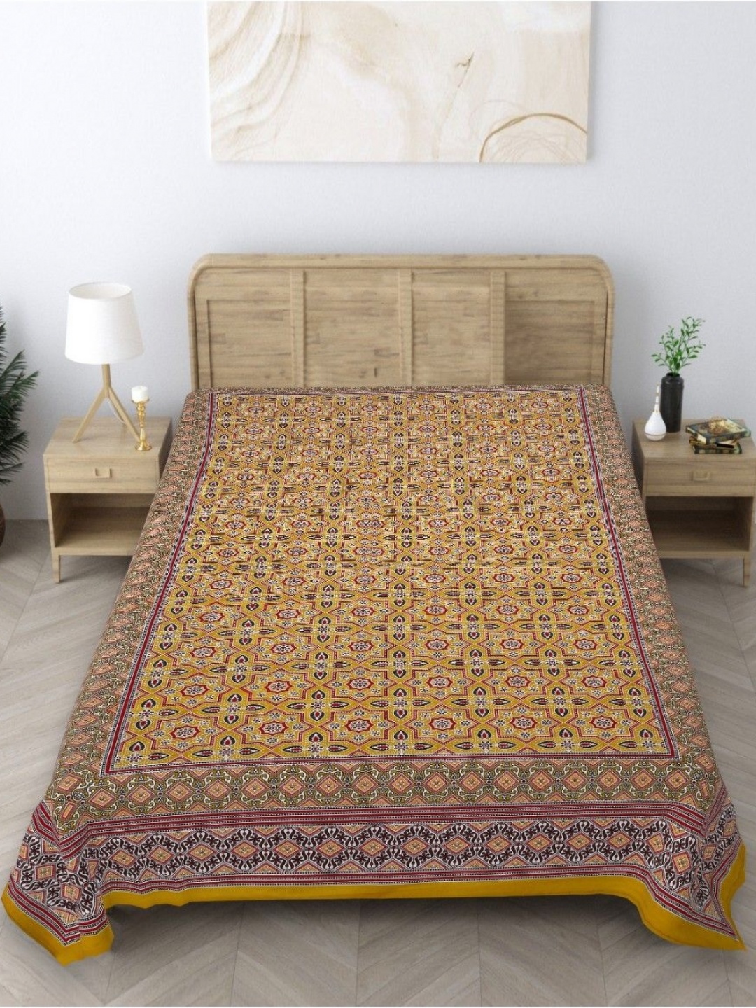 

INDHOME LIFE Yellow & Red Ethnic Motifs Printed 210 TC Pure Cotton Single Bedsheet Set