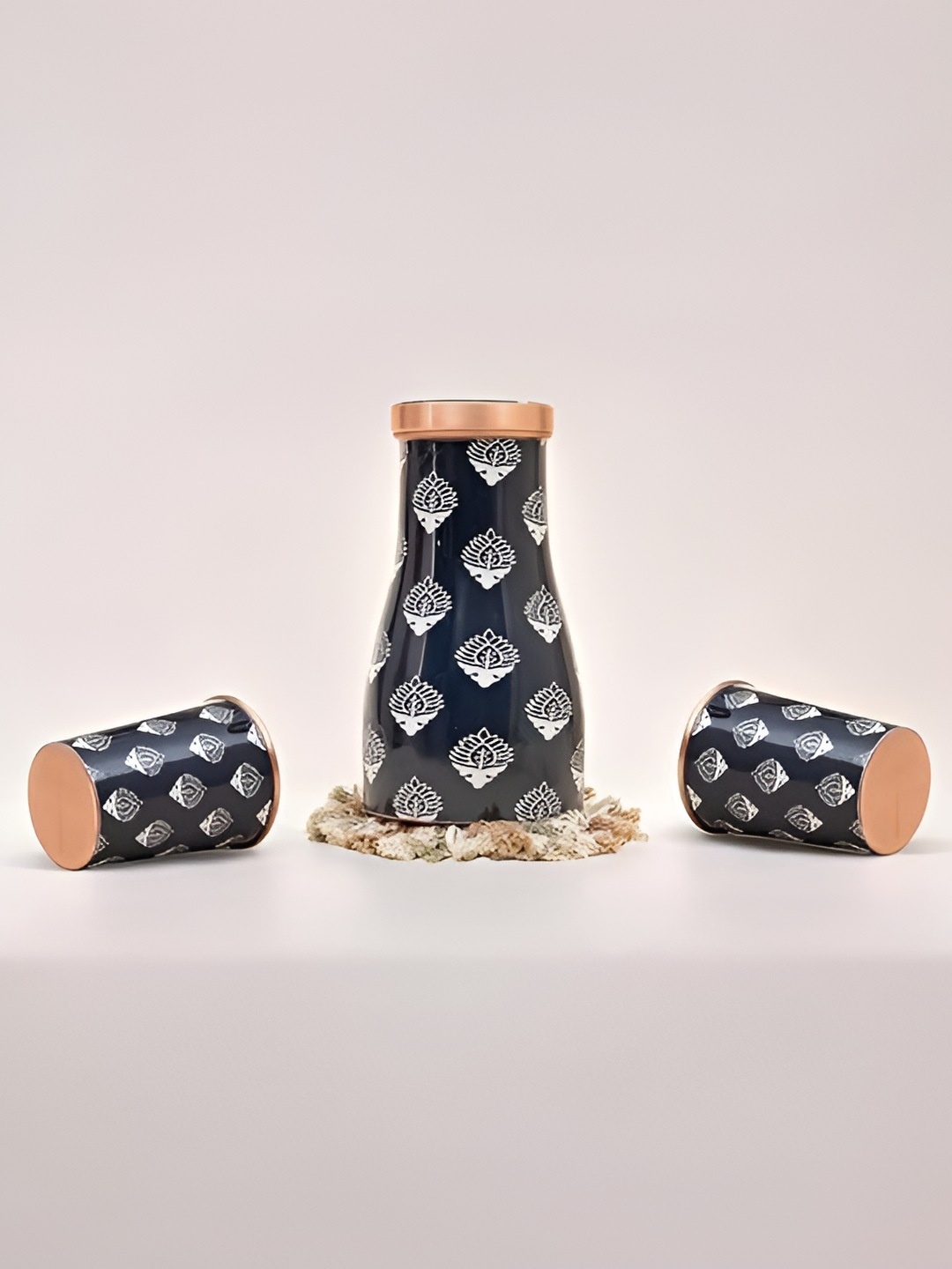 

veda essentials. Copper-Toned & Blue 3 Pieces Copper Printed Water Bottle with 2 Glasses