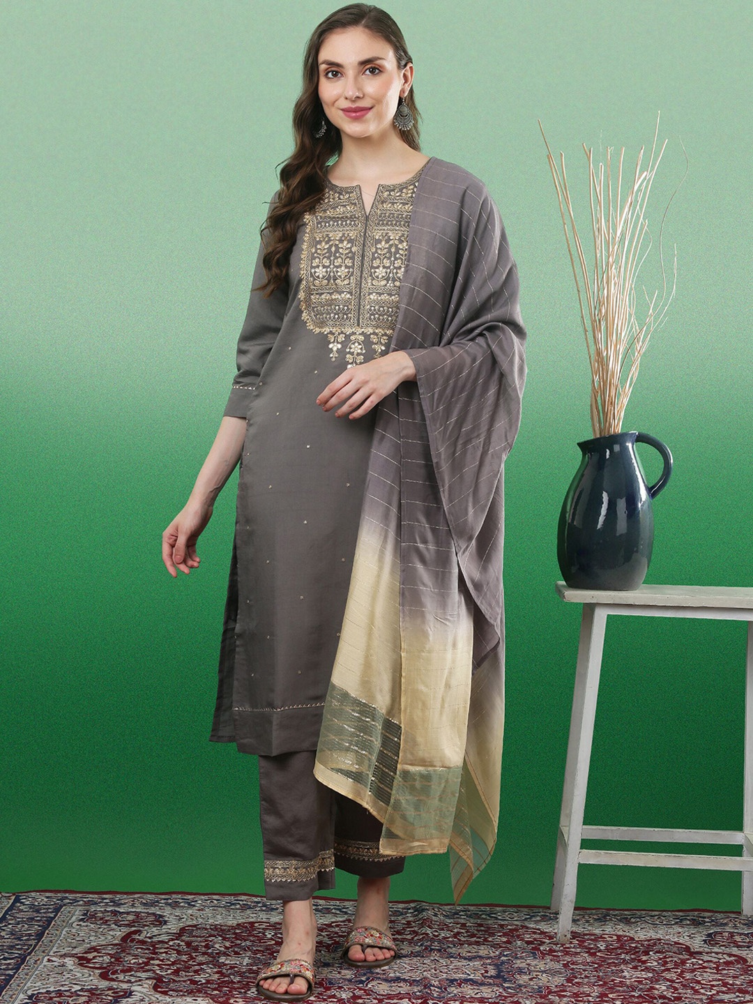 

Sangria Embroidered Sequence Kurta & Trouser With Dupatta, Grey