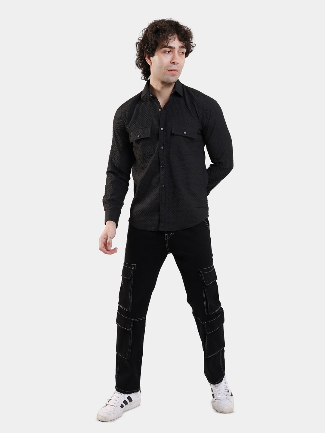 

BOTABOCHI Men Classic Spread Collar Solid Cotton Relaxed Fit Party Shirt, Black