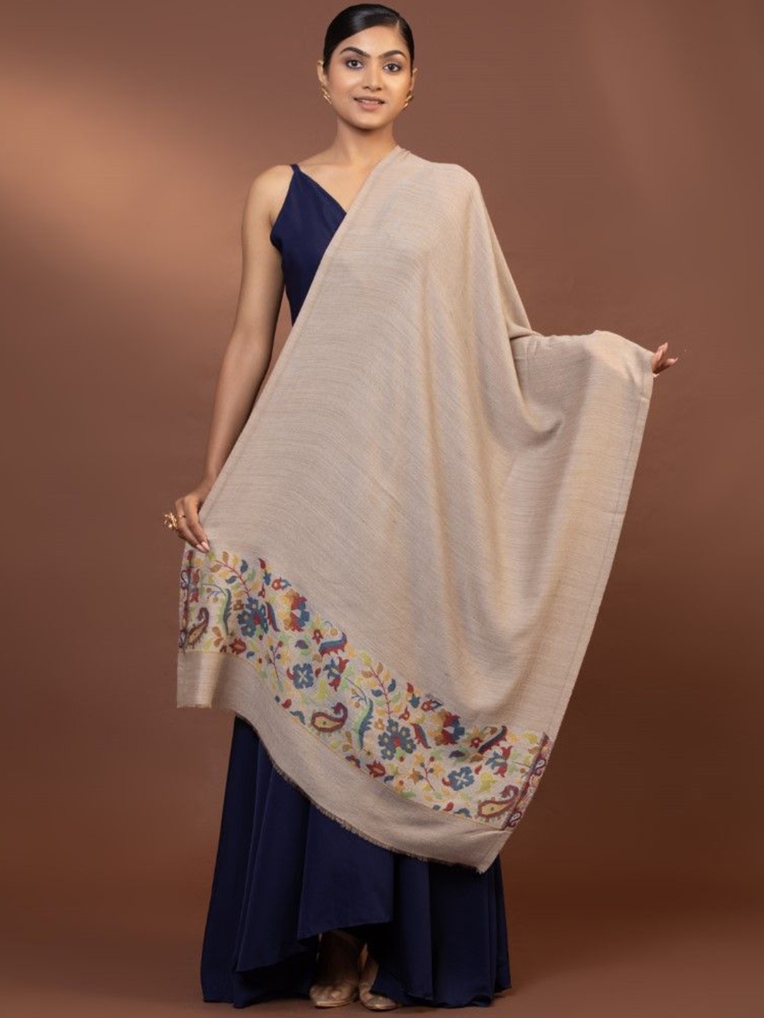 

MODARTA Floral Printed Woollen Comfort Shawl, Beige