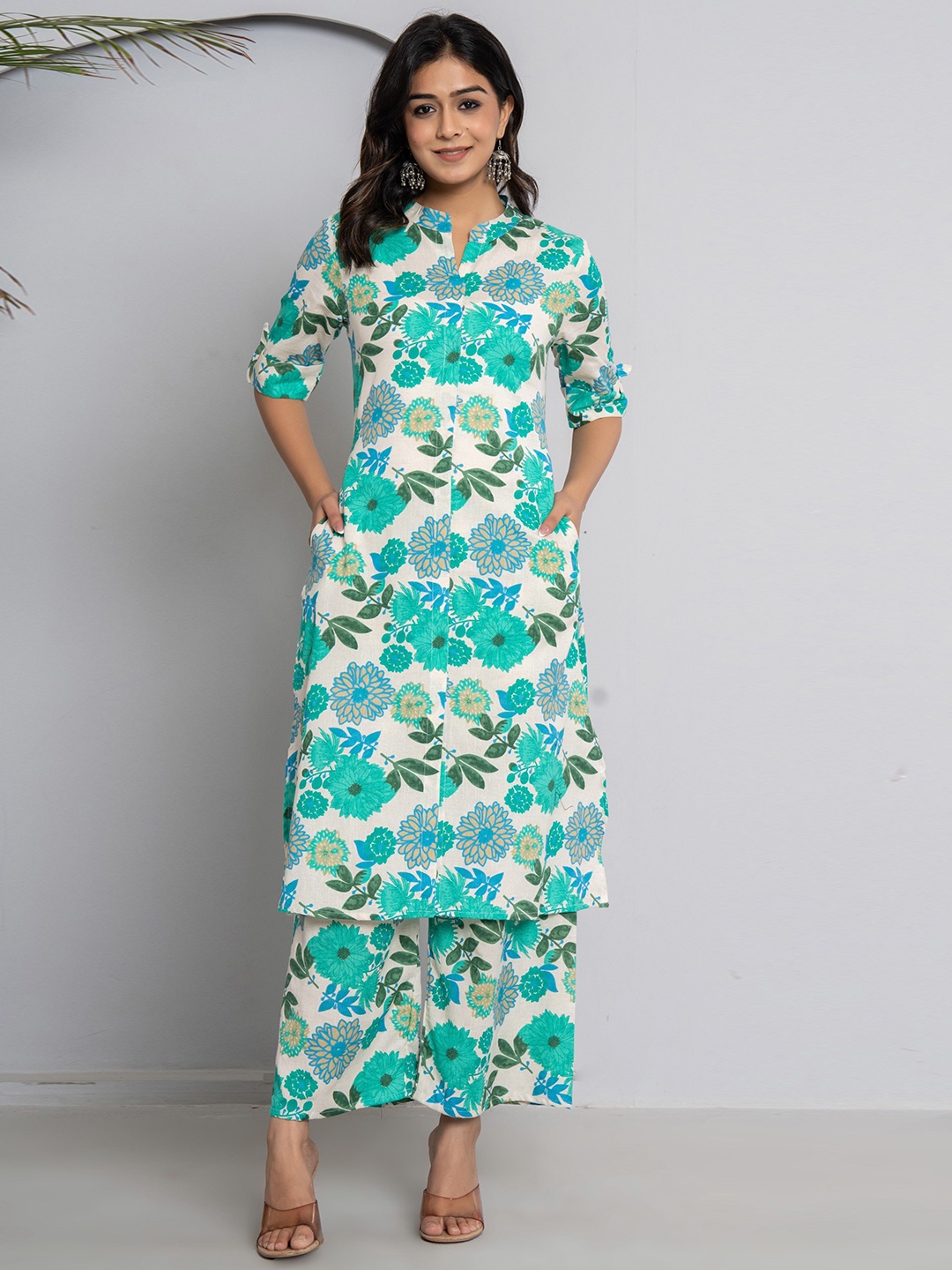 

JAIPURI BUNAAI Floral Printed Mandarin Collar Pure Cotton Kurta with Palazzos, White