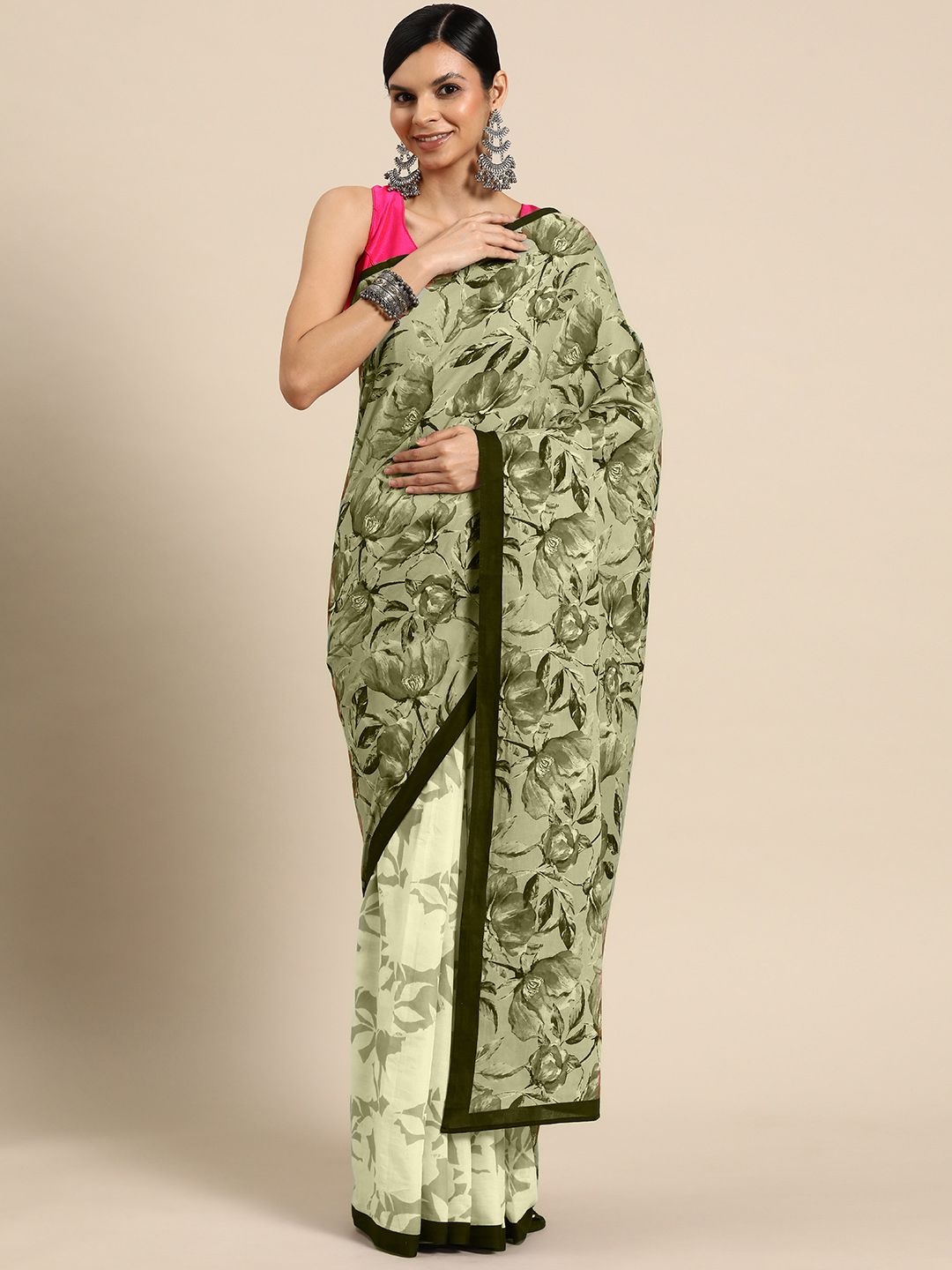 

BUTA BUTI Floral Printed Pure Cotton Saree, Olive