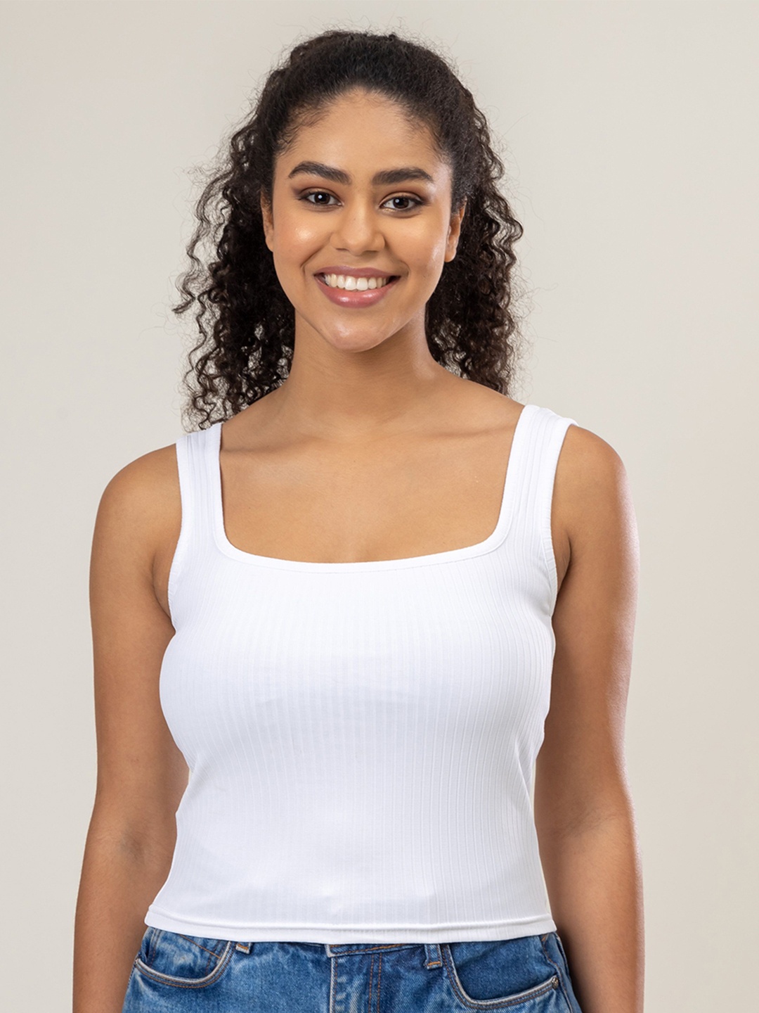 

Redamancii Women Solid Square Neck Polycotton Top, White